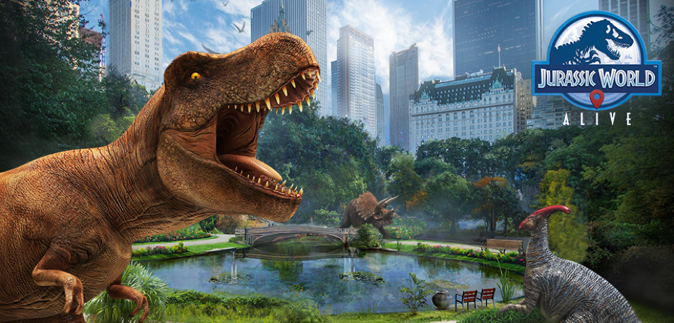promotional image for Jurassic World Alive from NBC Universal. A T-Rex and other dinosaurs are in Central Park in Manhattan