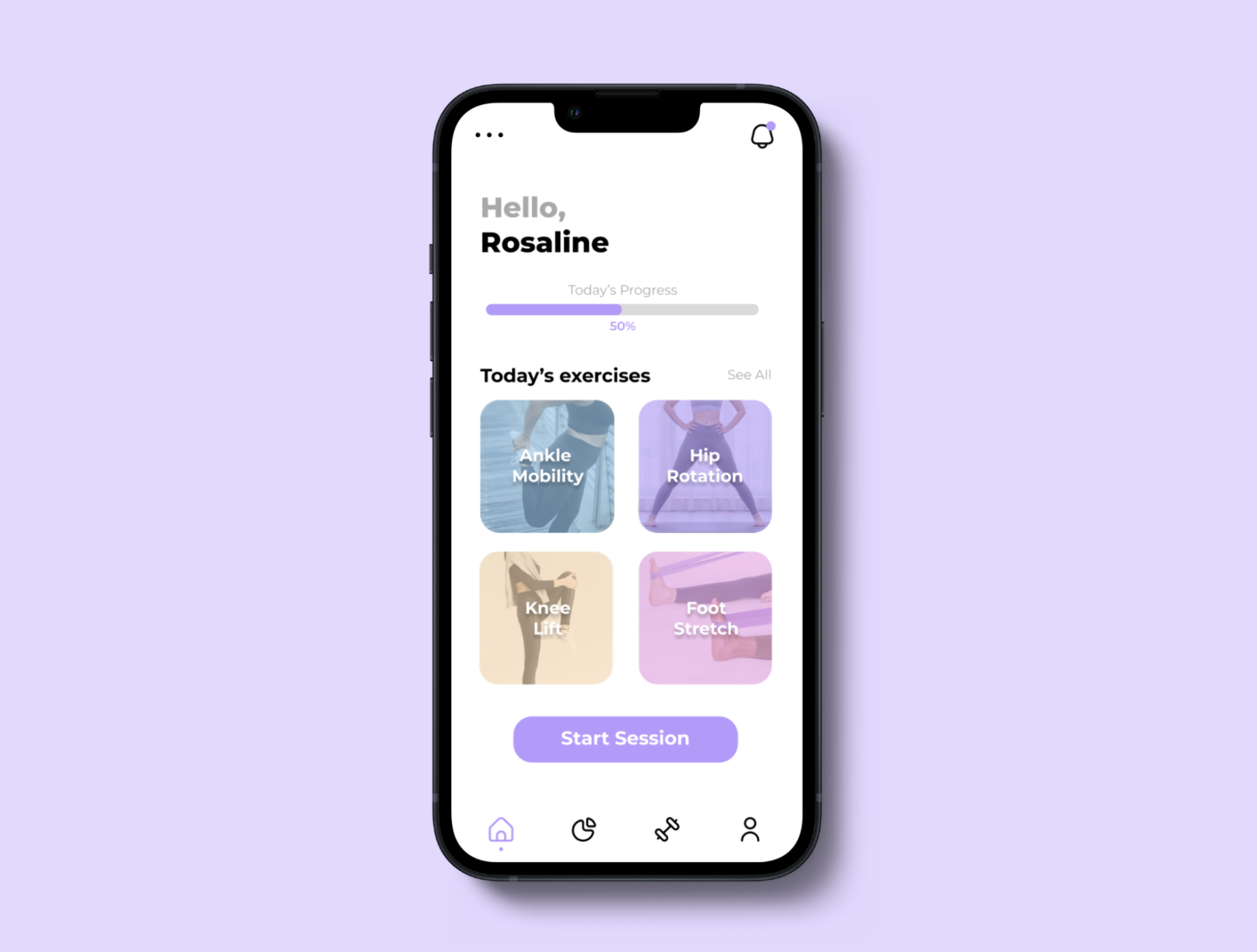 Hi-fidelity mockup of the home page of Rehab Bud app designed by Ishita Sisodia