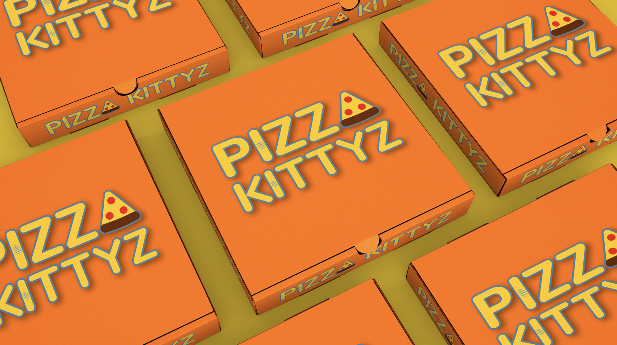 Mockup of pizza boxes for Pizza Kittyz fictional brand created by B.F.A. Design student Luis Angeles