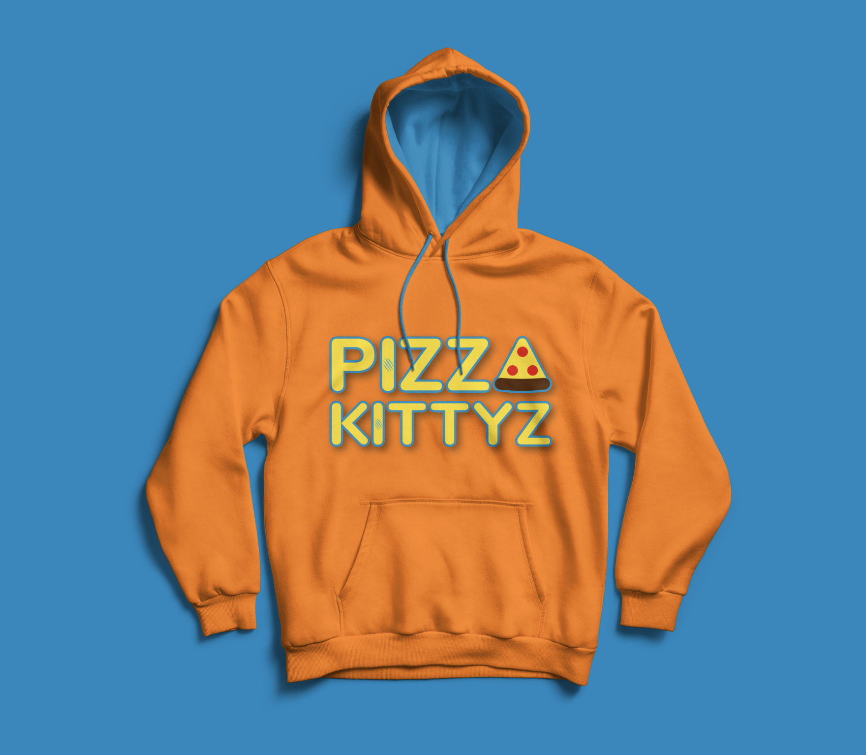 Mockup of orange sweatshirt for Pizza Kittyz fictional brand created by B.F.A. Design student Luis Angeles