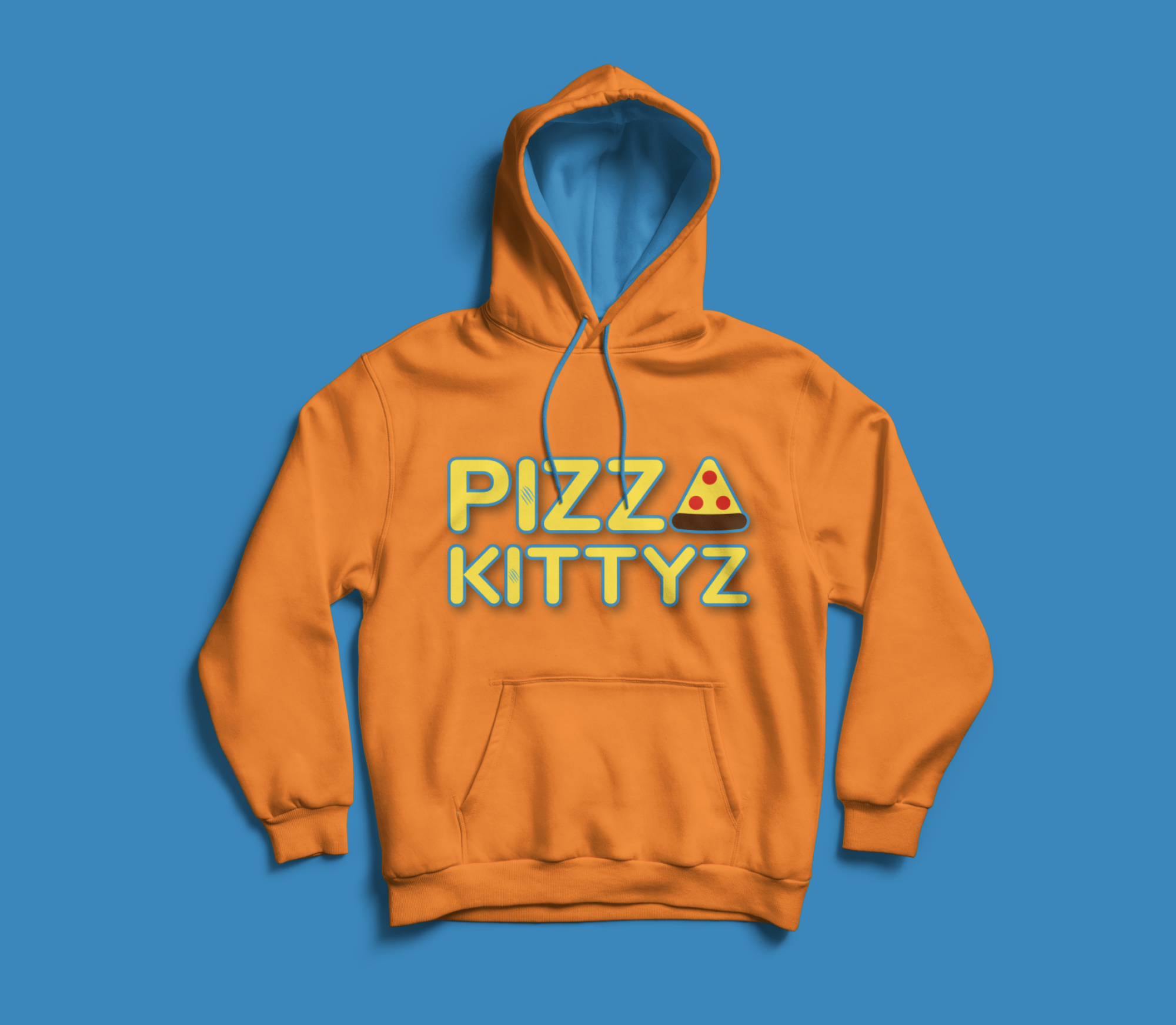 Mockup of orange sweatshirt for Pizza Kittyz fictional brand created by B.F.A. Design student Luis Angeles