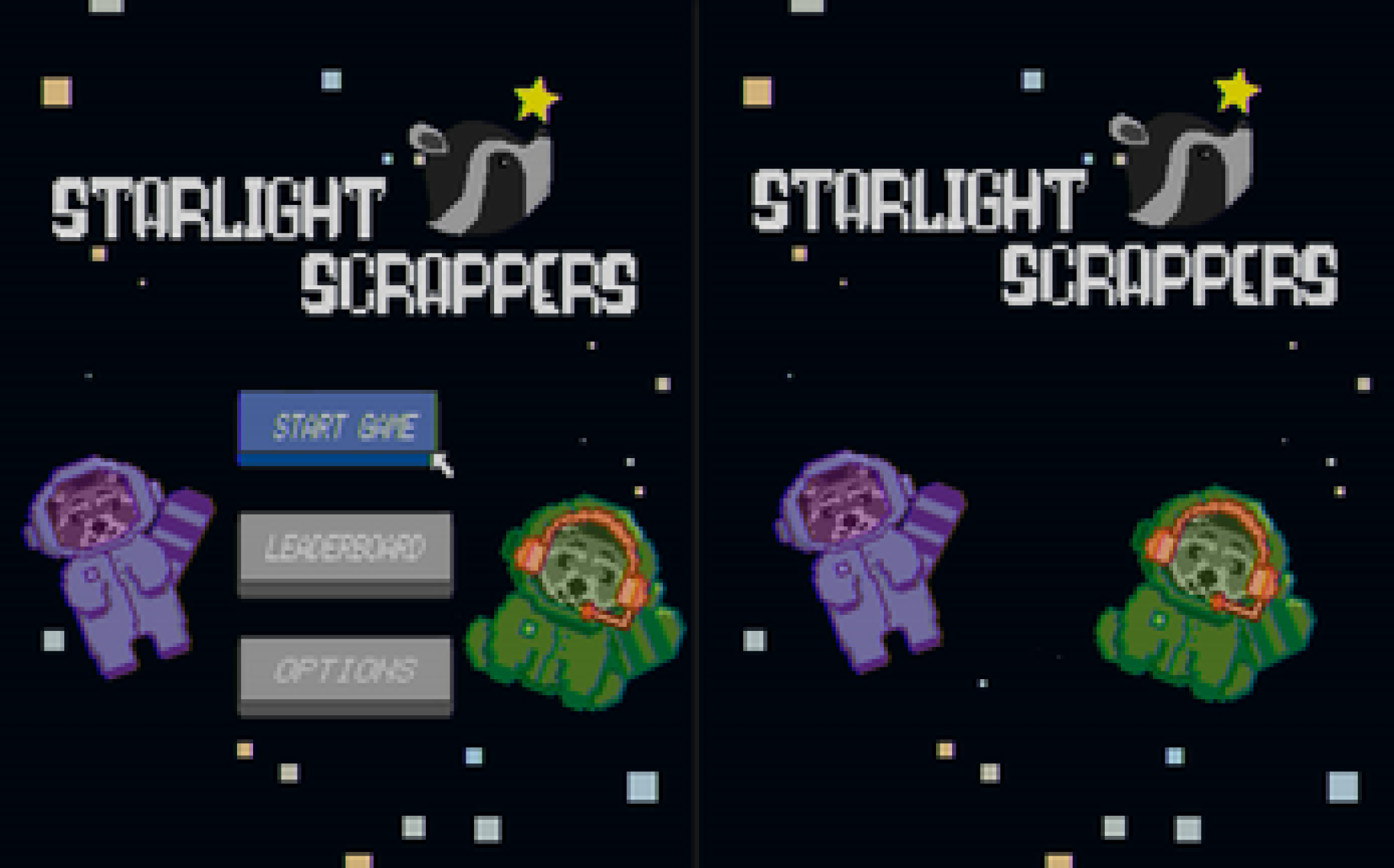 Still image of start page for Starlight Scrappers game created in Jessie Contour's Next Level Arcade class