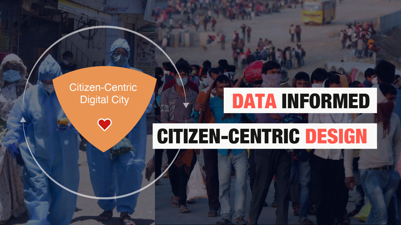 Photos of civilians in hazmat suits and masks. a shield overlaid to the left contains "Citizen-Centric Digital City" and a heart. overlaid text to the left reads "Data Informed Citizen-Centric Design"
