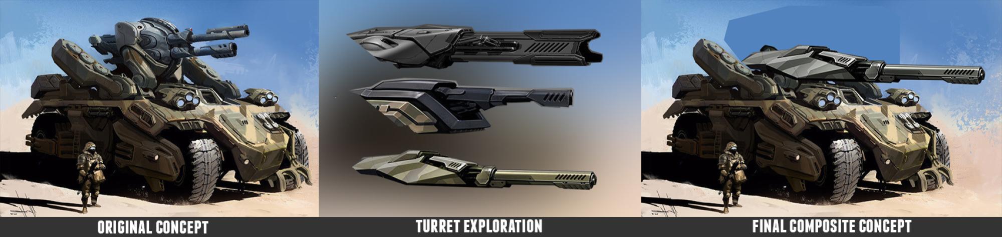 Three panels showing stages of Oster's work: original concept, turret exploration, and final composite concept