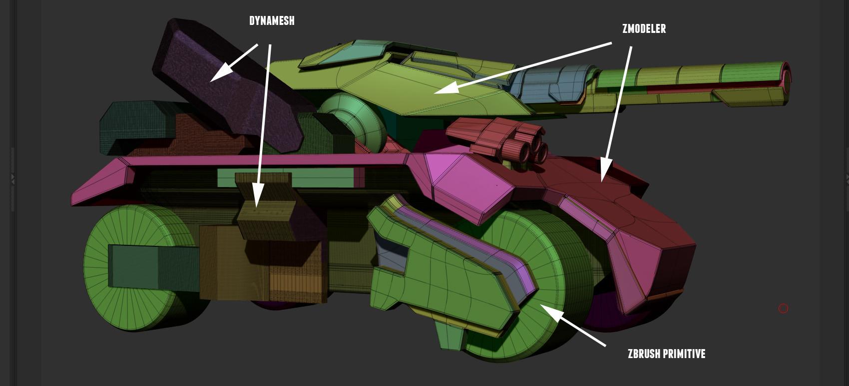 In-progress image of Tank showing where Oster used Dynamesh, ZModeler, and ZBrush Primitive on the 3D model