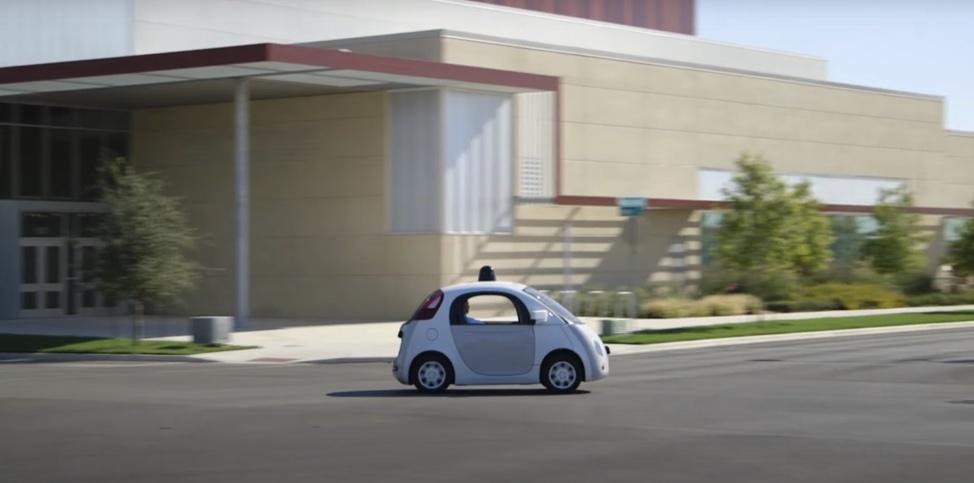 3D rendering of a small, compact car driving through a city