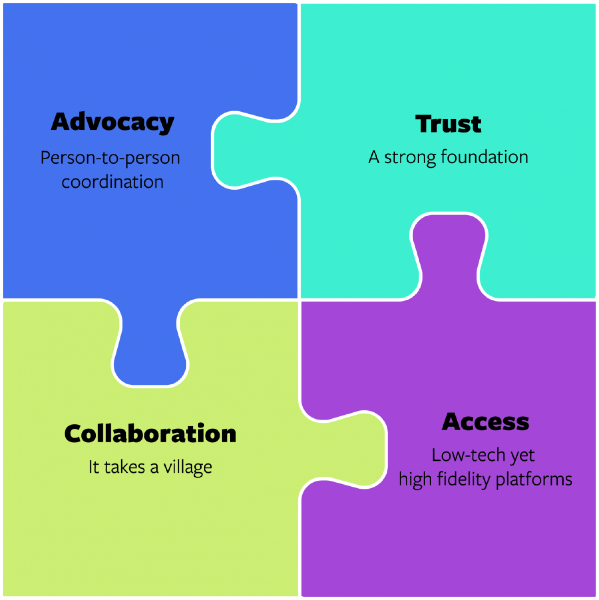 four colored puzzle pieces connect to make a square. clockwise from upper left, each reads: "Advocacy: person-to-person coordination" "Trust: a strong foundation" "Collaboration: it takes a village" "Access: low-tech yet high fidelity platforms"