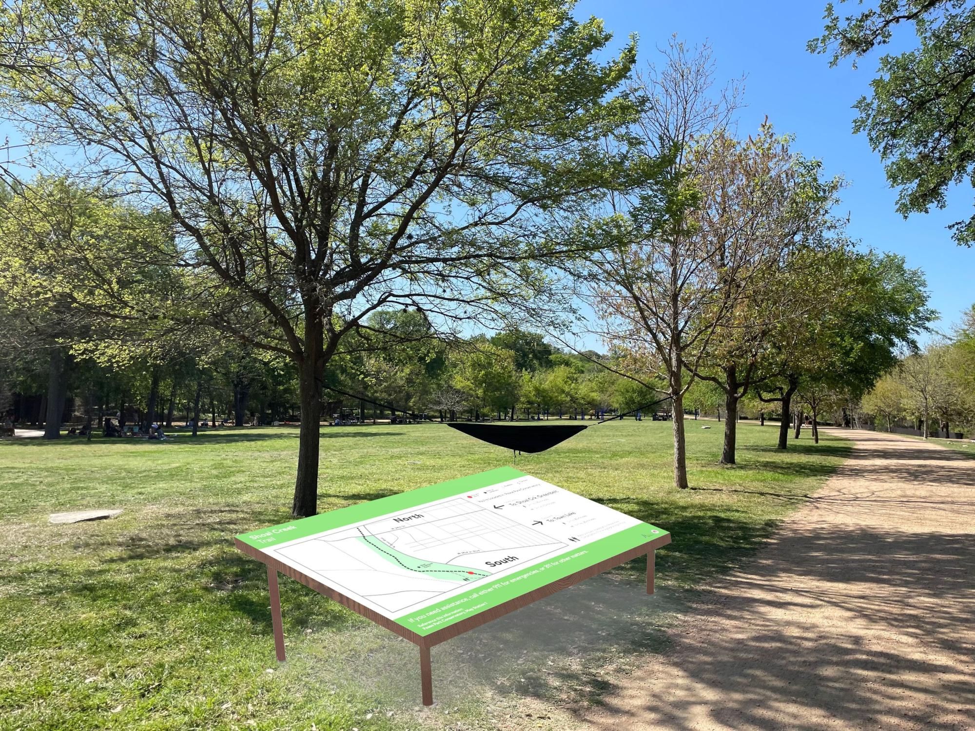 Park trail with hammock in trees in the background and a trail map mockup in the foreground