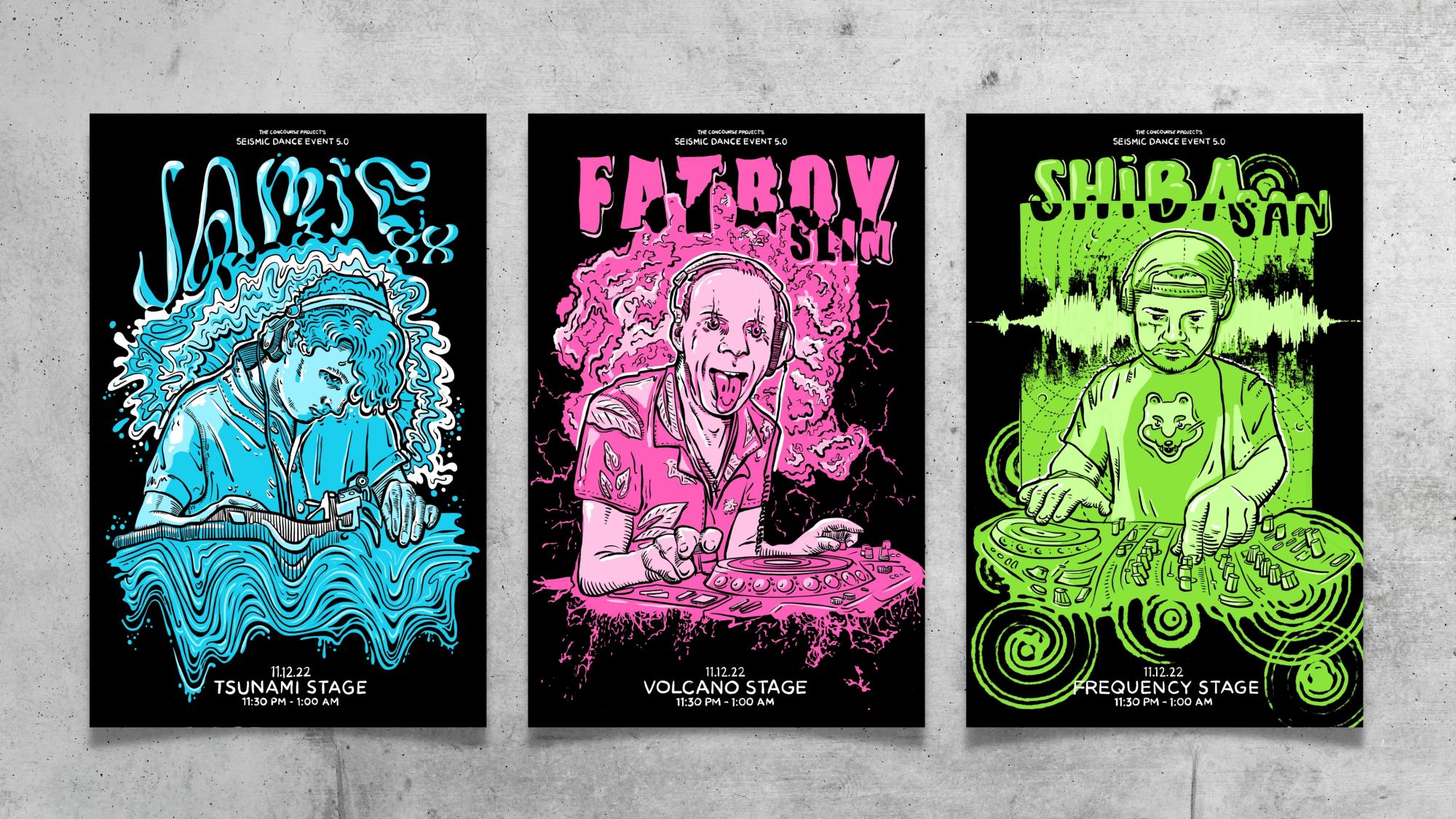 Series of poster mockups depicting different DJs in pop color.