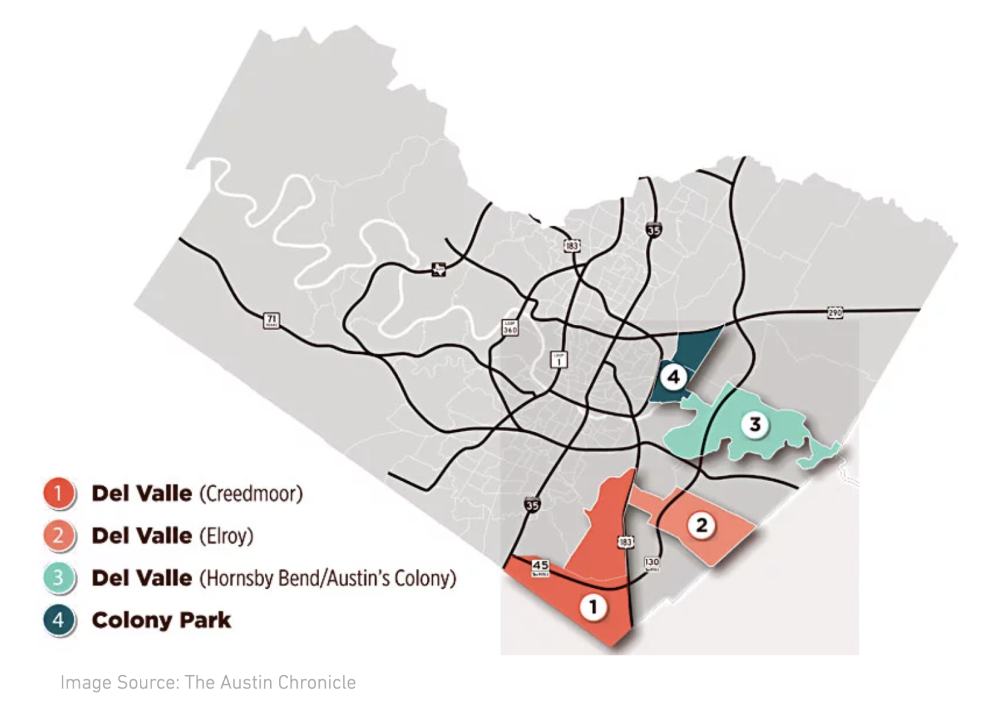 Map of Austin's Eastern Crescent highlighting four areas in Del Valle and Colony Park. Each area is marked with a numbered circle: 1 for Del Valle (Creedmoor), 2 for Del Valle (Elroy), 3 for Del Valle (Hornsby Bend/Austin's Colony), and 4 for Colony Park, with major roads and highways visible.