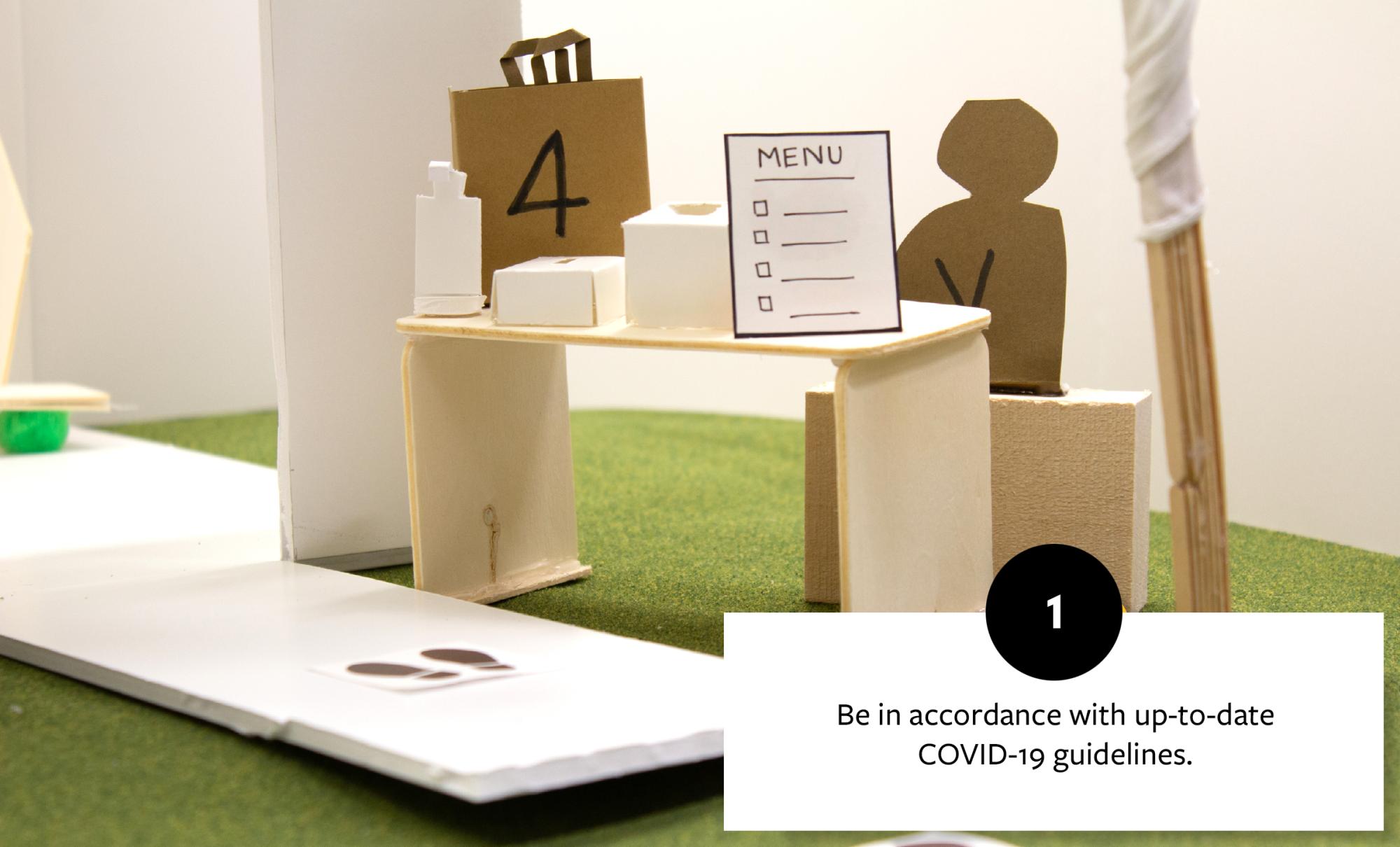Miniature cardboard model of a service counter with various items, including a menu, sanitizer, and table marker, adhering to up-to-date COVID-19 guidelines.