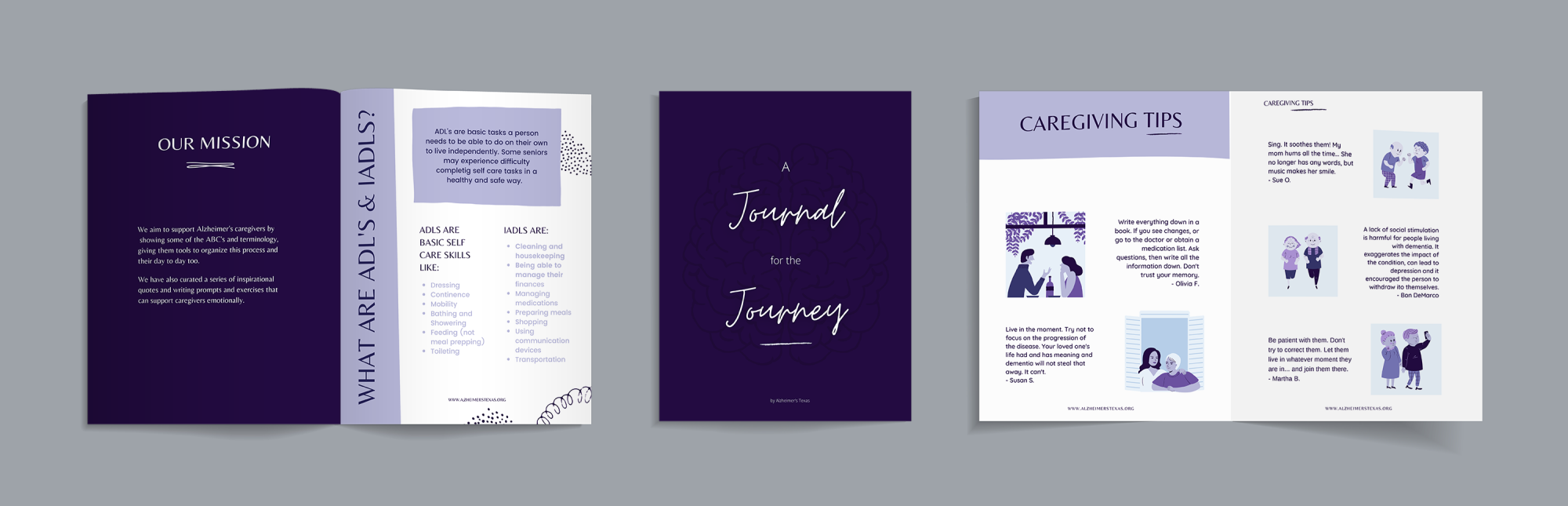 A soft-toned, five-panel design of an Alzheimer’s caregiver support journal is shown flat against a gray background. The center panel, titled “A Journal for the Journey,” features elegant handwritten typography. The left panels explain the mission of supporting caregivers and define ADLs (Activities of Daily Living) and IADLs (Instrumental Activities of Daily Living). The right panels offer caregiving tips, with gentle illustrations demonstrating techniques for comfort and communication, such as singing, si