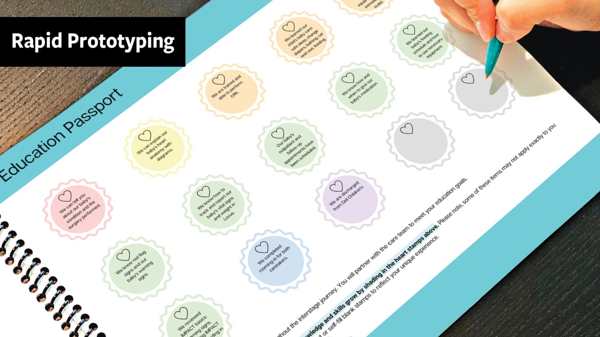 A spiral-bound worksheet titled "Education Passport" is shown on a table. The page includes colorful, heart-shaped stamp icons representing different patient education milestones such as learning about CPR, car seat safety, and discharge prep. A hand holds a teal pen above an empty stamp area. A black banner in the top left corner reads “Rapid Prototyping.”