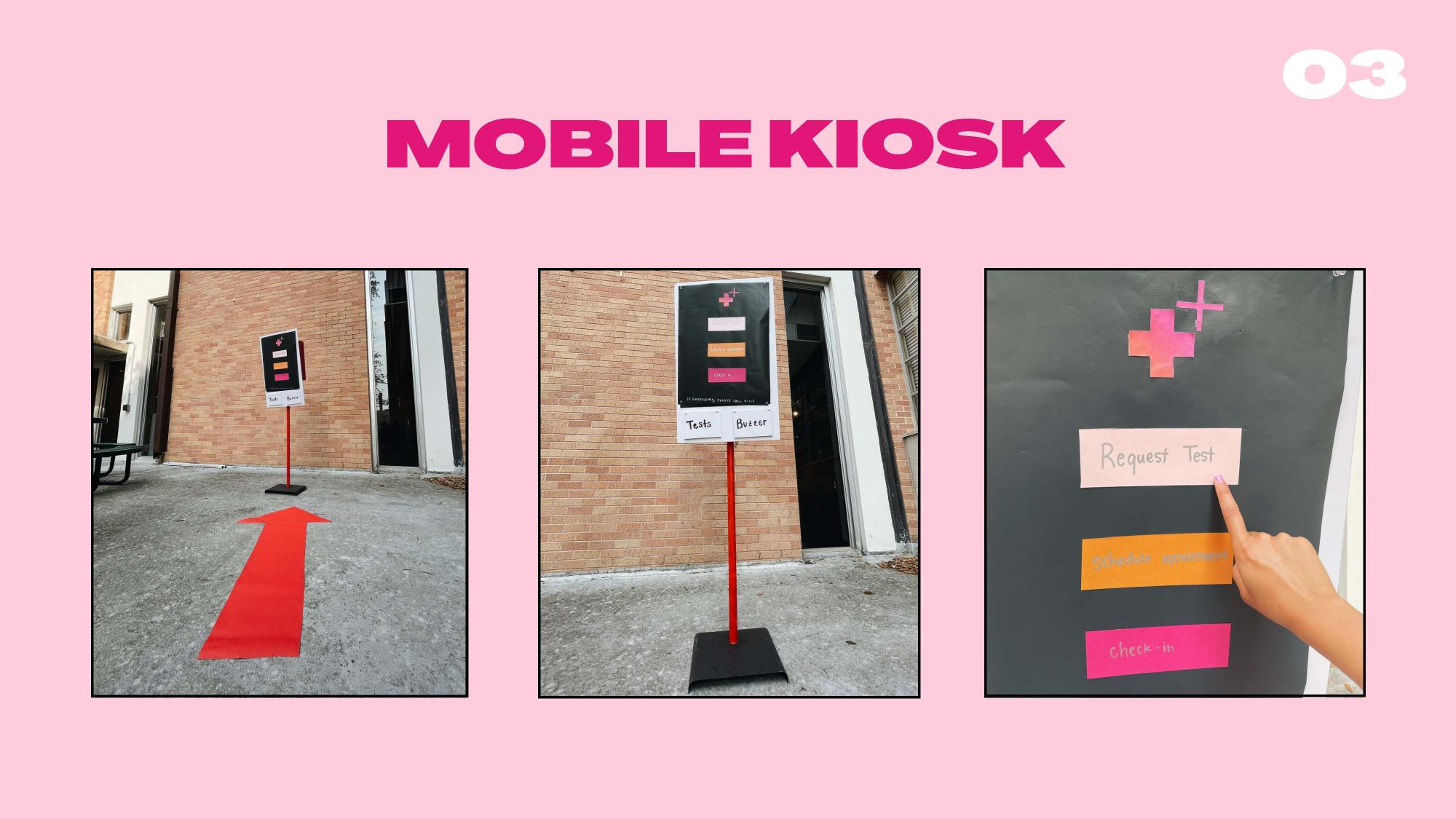 Three side-by-side photos show a prototype for a mobile kiosk by Magenta Health. The left image features a kiosk sign placed on a sidewalk, with a large red arrow pointing toward it. The center image shows a close-up of the kiosk sign mounted on a stand, with labeled options like “Tests” and “Buzzer.” The right image captures a hand pointing to a button labeled “Request Test” on a dark background with vibrant pink and orange interface elements.