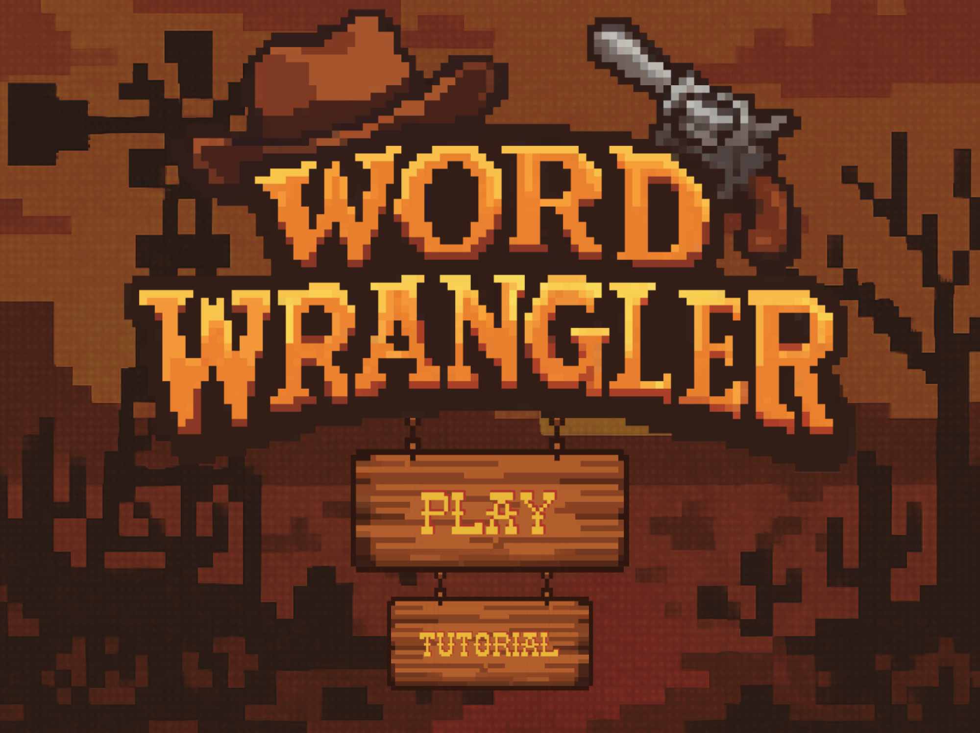 Pixel art-style game start screen for "Word Wrangler." The screen features a cowboy hat and revolver framing the title. Below the title are two wooden sign buttons labeled “PLAY” and “TUTORIAL.” The background has a Western desert theme with cacti and a windmill in silhouette.