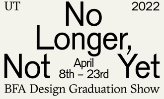 gray text on a cream background that reads "No Longer, Not Yet: April 8th-23rd"