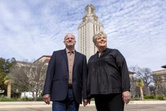 Karl and Nelda Buckman on the campus of The University of Texas at Austin