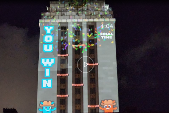 Tower Tumbles Video Game Projected on UT Tower