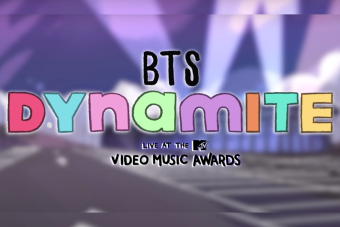 Animated text reads "BTS Dynamite: Live at the MTV Music Awards" from a fan-animated music video by AET students