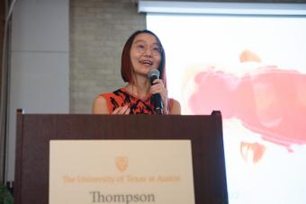 Design professor Jiabao Li introducing guest speaker Poala Antonelli at the Thompson Conference Center in Fall 2022