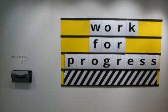 Main signage for Work for Progress, the MFA Design exhibition