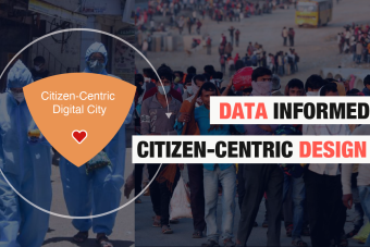 Photos of civilians in hazmat suits and masks. a shield overlaid to the left contains "Citizen-Centric Digital City" and a heart. overlaid text to the left reads "Data Informed Citizen-Centric Design"