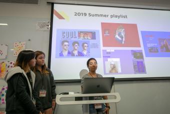 High school students presenting their music industry graphic design project during 2020 Graphic Design Summer Camp at UT Austin