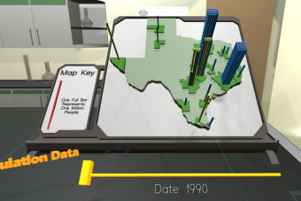 still image of VR Futures Project created by Planet Texas 2050. a map of Texas displays population data in the form of a 3D bar graph across the state