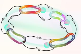 graphic of a circle formed by colorful stick figures, each grabbing onto the next one's feet, their bodies are colorful amorphous rings.