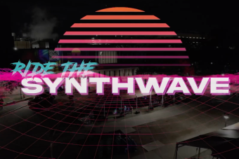 Ride the Synthwave logo over aerial shot of UT campus