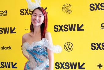 Design professor Jiabao Li wearing a glacier inspired balloon dress at South by Southwest 2023
