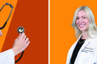 Daphne Hancock in white medical coat next to image of a stethoscope