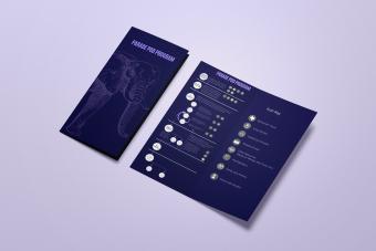 A deep purple trifold brochure for the "Parade Pod Program" by Alzheimer’s Texas is displayed on a lavender background. The cover features a detailed elephant illustration with the program title in white. The inside spread outlines the program’s structure and features a flowchart and icon key. The icons represent different roles and resources in the pod system, such as social workers, healthcare providers, and care partners, with a clear visual system for understanding participant responsibilities.