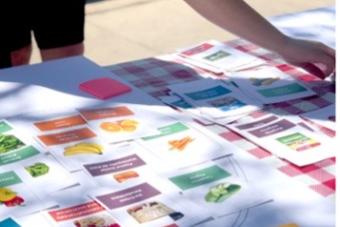 A person interacts with colorful cards spread across a checkered tablecloth on a table outdoors. The cards display images and text related to food, including fruits, vegetables, and packaged items, suggesting an activity or educational tool for nutrition or meal planning. Shadows from a tree fall across the table surface.