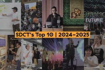 A collage of ten photos representing highlights from the School of Design and Creative Technologies’ 2024–2025 year. Activities include a design thinking workshop with sticky notes, a crowded career fair, a speaker at a podium, a pixelated video game scene, a stage with neon text reading “A Dynamic Future,” students interacting with creative installations, a student presenting a design prototype.