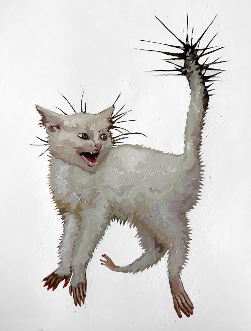 Original painting by AET professor Yuliya Lanina, Cactus, portraying a white cat with humanoid hands and feet and prickly cactus-like tail. The cat's mouth is open with an upset expression, as if in response to an unwelcome surprise