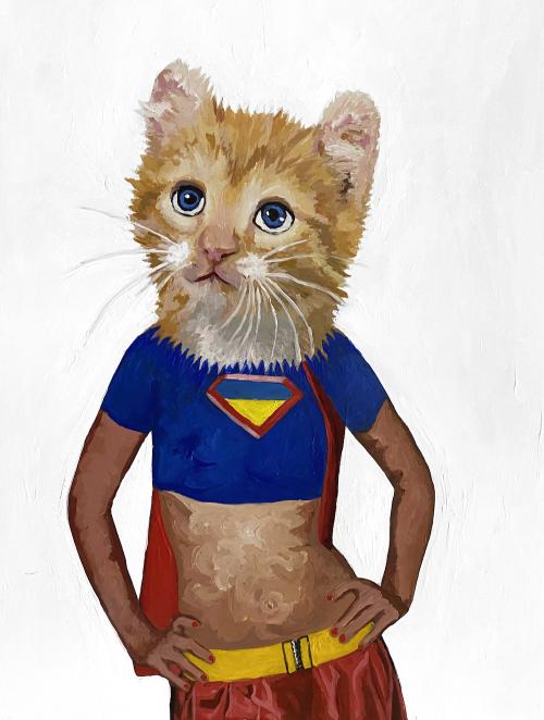 Original painting by AET professor Yuliya Lanina, Hero, portraying a yellow cat with a human body wearing a Superman crop top with its hands on its hips.