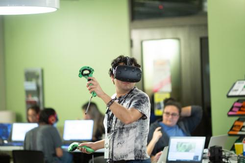 VR Austin Jam attendee testing out VR Game