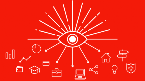Illustration of an eye looking at symbols representing different industries