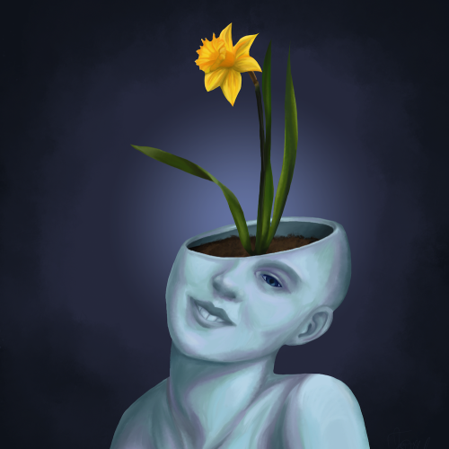 digital painting of a head that is open, filled with dirt, and holding a flower like a flower pot by AET student Jasmine Dillard