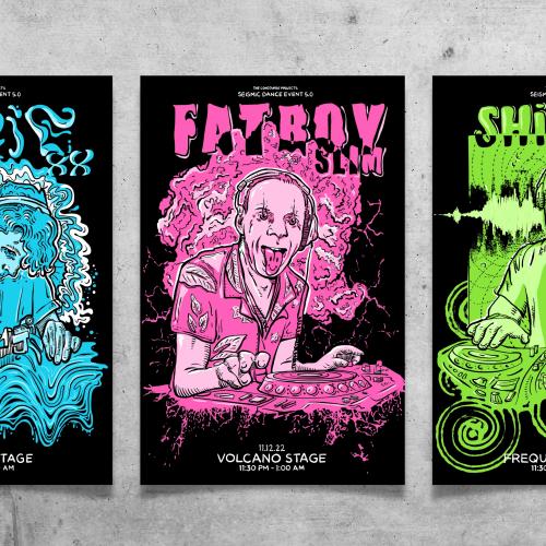 Series of poster mockups depicting different DJs in pop color.