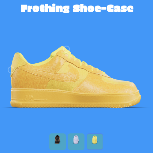 A website homepage titled "Frothing Shoe-Case" with a 3D rendering of a yellow Nike Airforce 1, and options to toggle to different colorways.