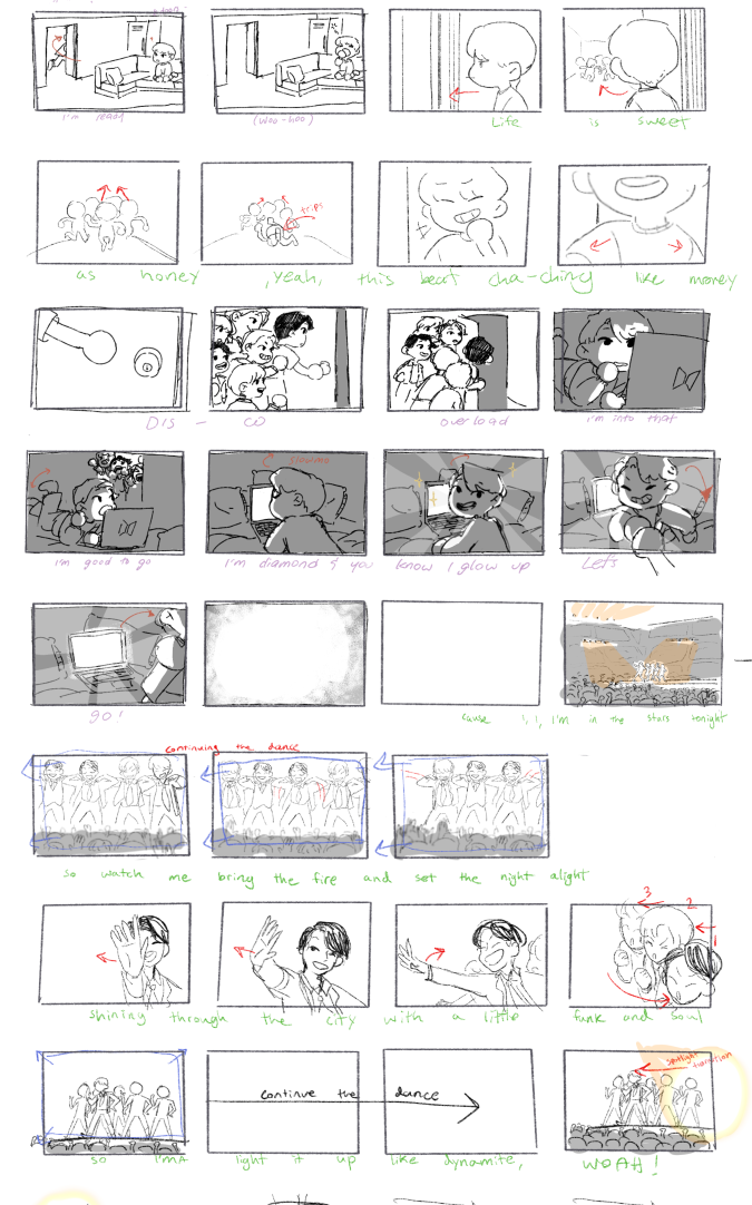 Storyboard from fan-animated video of BTS song "Dynamite" by Arts and Entertainment Technologies majors Hari J. and Karina Teruya for MTV