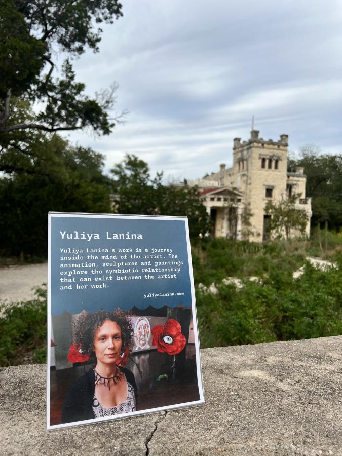 Photo of poster describing Yuliya Lanina's work in front of the Elisabet Ney Museum