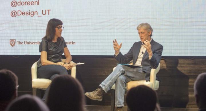 Doreen Lorenzo (left) and Doug Dempster (right) discuss the College of Fine Arts and the Center for Integrated Design at the UT LIVE SXSW event on March 11th, 2017. Photo by Marsha Miller.