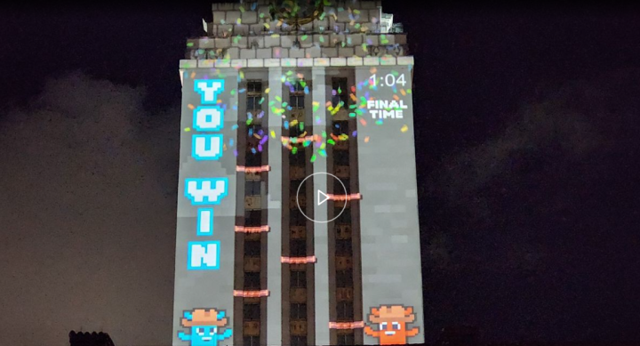 Tower Tumbles Video Game Projected on UT Tower