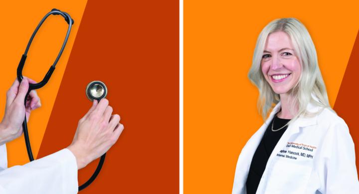 Daphne Hancock in white medical coat next to image of a stethoscope