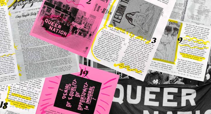 A collage of LGBTQ+ zines, protest materials, and publications by artist Paul Soulellis, featuring bold typography and handwritten annotations. The image includes a prominent black-and-white photograph of activists holding a 'Queer Nation' banner, along with pink-highlighted sections containing phrases like 'Denial of equality of opportunity is immoral.' Various pages from zines such as 'The Lesbian Tide' and 'Gay Flames' are layered throughout, with yellow highlights emphasizing key text passages.