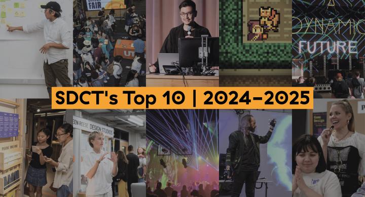 A collage of ten photos representing highlights from the School of Design and Creative Technologies’ 2024–2025 year. Activities include a design thinking workshop with sticky notes, a crowded career fair, a speaker at a podium, a pixelated video game scene, a stage with neon text reading “A Dynamic Future,” students interacting with creative installations, a student presenting a design prototype.