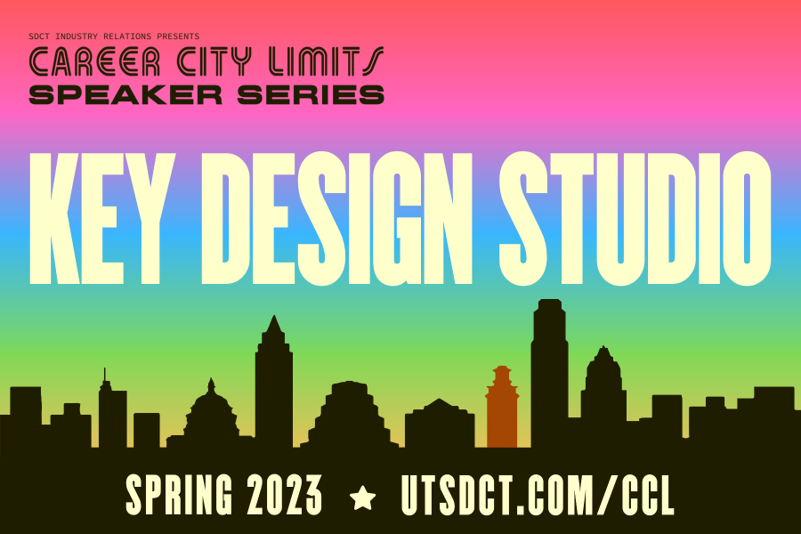 colorful graphic with Austin skyline promoting Career City Limits session with Key Design Studio